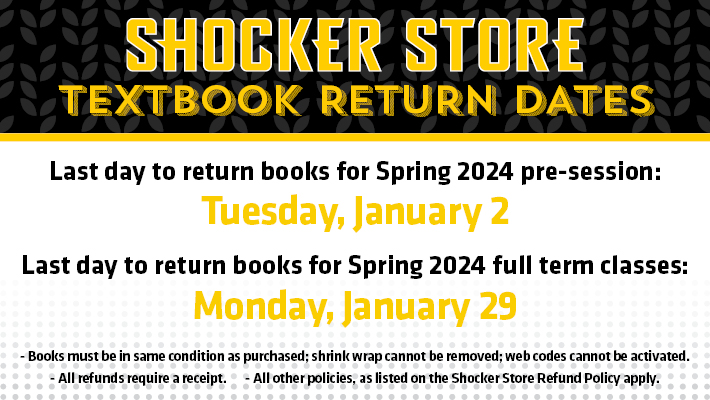 Last day to return your books for the spring 2024 pre-session is January 2nd. Full term classes last day is January 29th